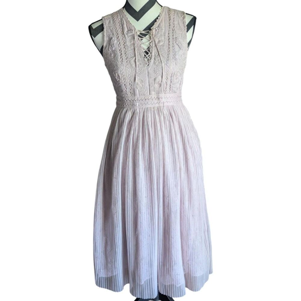 Anthropologie Moulinette Soeurs 0 Pink Lace Up Pleated Midi Dress - Picture 3 of 9